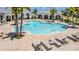 Community pool with lounge chairs, palm trees, and covered seating areas at 13864 Destin Beach Ln, Orlando, FL 32827