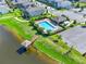 Beautiful aerial view of community pool, cabana, dock and pond in a well maintained neighborhood at 2264 Emerald Springs Dr, Apopka, FL 32712