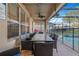 Inviting covered patio featuring stylish outdoor dining set, ceiling fan and view of screened-in pool at 2609 Dinville St, Kissimmee, FL 34747