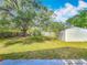 The beautiful backyard features a large tree, green grass, storage shed, and fenced perimeter at 3120 Ginger Cir, Orlando, FL 32826