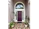Beautiful front door with transom window and decorative potted plants at 3579 Maple Ridge Loop, Kissimmee, FL 34741