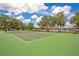The tennis court with green surface offers recreational opportunities with a lake view in a community setting at 8316 Granada Blvd, Orlando, FL 32836
