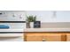Close up view of cook top with greenery and a wooden decor item on a white counter at 12107 Poppy Field Ln # 105, Orlando, FL 32837