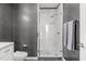 Stylish bathroom with gray scale gator print walls and a glass-enclosed shower at 150 E Robinson St # 2812, Orlando, FL 32801