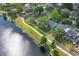 Aerial view of houses near a pond shows proximity to neighboring houses and green landscaping at 1645 Boulder Creek Ct, Apopka, FL 32712
