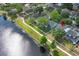 Aerial view of houses near a pond shows proximity to neighboring houses and green landscaping at 1645 Boulder Creek Ct, Apopka, FL 32712
