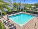 Resort-style pool area with tables, seating, palm trees, and lush landscaping, perfect for relaxation and socializing at 1772 Garden Sage Dr, Oviedo, FL 32765