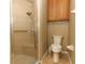Bathroom with tile shower, safety bar, toilet, and oak cabinet for storage at 212 Regency St, Davenport, FL 33896