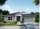 New construction home with a neutral gray color, complemented by green lawn and manicured landscaping at 3238 Viceroy Ct, Poinciana, FL 34759