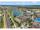 Scenic aerial shot of a lakeside community displaying well-maintained streets and a variety of home styles under clear skies at 960 Golden Bear Dr, Reunion, FL 34747