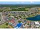 Stunning aerial view of a luxury home community, showcasing lush landscaping and scenic water views at 960 Golden Bear Dr, Reunion, FL 34747