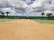 Outdoor tennis court with nets, surrounded by a green mesh fence and tall palm trees at 16043 Pebble Bluff Loop, Winter Garden, FL 34787