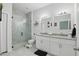This bathroom is complete with double sinks, granite countertops, a glass shower and modern fixtures at 2618 Sidney Ave, Orlando, FL 32810