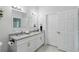 This bathroom is complete with granite counters, double sinks, modern fixtures and white cabinets at 2618 Sidney Ave, Orlando, FL 32810