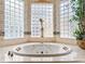 Soaking tub featuring a trio of glass block windows, marble surround, and lovely potted plant at 7957 S Park Pl, Orlando, FL 32819