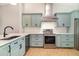 Modern kitchen features updated appliances, tile backsplash and stylish light blue cabinets at 1096 Dees Dr, Oviedo, FL 32765