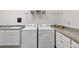 A practical laundry room with white cabinets, granite counters, and modern washer and dryer at 2423 Datura Loop, St Cloud, FL 34772
