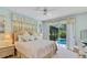 Relaxing bedroom featuring a ceiling fan, neutral color scheme, and a door leading to the pool area at 2918 Sunset Vista Blvd, Kissimmee, FL 34747