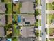 Aerial view of homes with fenced yards, solar panels, swimming pools, and well-maintained landscaping at 1706 Leatherback Ln, St Cloud, FL 34771