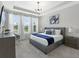 Stylish bedroom featuring a king bed, tray ceiling, and views of the neighborhood at 1929 Tropical Palms Cir, Kissimmee, FL 34747