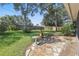 Spacious backyard with lush green grass, mature trees, and a stone patio area at 2277 Clearwater Dr, Deltona, FL 32738