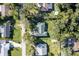 An aerial view of a home with a green roof surrounded by trees in a residential neighborhood with a pool and green lawns at 2314 Pennsylvania Ave, Oviedo, FL 32765