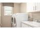 Functional laundry room with modern washer and dryer, sink, and ample cabinet space for organization at 3880 Bluethread Way, Poinciana, FL 34759