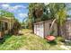 Backyard shed with a red wheelbarrow in a grassy and treed yard at 5001 Tangerine Ave, Winter Park, FL 32792