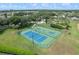 Aerial view of community amenities featuring a lake, basketball court, and tennis court surrounded by tropical landscaping at 833 Lockbreeze Dr, Davenport, FL 33897