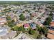 Wide aerial shot of a neighborhood and pond surrounded by mature trees and green lawns at 181 Pinewood Cir, Kissimmee, FL 34743