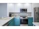 Bright kitchen with stainless steel appliances and colorful lower cabinetry at 3567 Shallot Dr # 103, Orlando, FL 32835