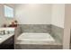 Luxurious bathtub featuring gray tiling, modern fixtures, and natural lighting at 6730 Orlando Drive, Indian Lake Estates, FL 33855