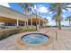 A ground-level image shows a bubbly spa surrounded by a tiled deck and tropical landscaping at 7509 Mourning Dove Cir # 203, Reunion, FL 34747