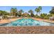 Beautiful community pool with surrounding palm trees, lounge chairs, and inviting gazebo at 7509 Mourning Dove Cir # 203, Reunion, FL 34747
