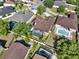 Aerial view of a home with a screened pool, fenced yard, and mature landscaping at 14315 Letham Grange Ct, Orlando, FL 32828