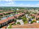 A close aerial view of a community showing the roof tops, parking, and surrounding lush green trees and center pond at 5566 Metrowest Blvd # 304, Orlando, FL 32811