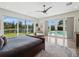 Spacious main bedroom with view of pool, stylish furniture and light wood floors at 9364 Thurloe Pl, Orlando, FL 32827