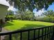 Large, well-maintained backyard with a lush green lawn and mature trees, viewed from behind a wrought iron fence at 11056 Clipper Ct, Windermere, FL 34786