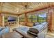 Bright living room with wood-paneled walls and large windows offering views of a lake at 3359 Scarlet Dr, Sanford, FL 32773