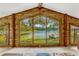 Stunning lake view framed by A-frame windows and rustic wood-paneled walls at 3359 Scarlet Dr, Sanford, FL 32773