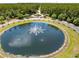 Scenic pond with a central fountain, surrounded by palm trees and a meticulously maintained green space, creating a serene oasis at 5062 Otters Den Trl, Sanford, FL 32771
