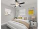 Cozy bedroom features a comfortable bed with pillows, windows, modern art, and a ceiling fan at 13 Fanfair Ave, Orlando, FL 32811