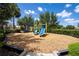Community playground with blue and yellow slides on a wood chip ground at 11957 Vermillion Ave, Windermere, FL 34786