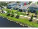 Aerial view of backyard with pond and surrounding homes, marked with a red pin at 4548 Dulwik Pl, Sanford, FL 32771