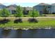 Backyard with a pond view, fenced-in yard, and a well-maintained lawn at 4548 Dulwik Pl, Sanford, FL 32771