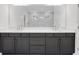Stylish bathroom vanity featuring double sinks, dark cabinets, quartz countertop, and modern fixtures at 12863 Harvest Rain Ave, Winter Garden, FL 34787