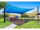 Community playground with blue and yellow sun shades and a mulch ground covering at 13430 Early Frost Cir, Orlando, FL 32828