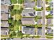 Overhead shot of a community highlighting varied home styles, solar panels, and manicured lawns at 13662 Behring Ave, Orlando, FL 32827