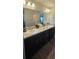 A bathroom with double vanities, framed mirrors, dark cabinets, and stylish decor at 1540 Fleur Dr, Davenport, FL 33837