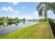 Backyard pond view with green grass, palm tree, and black metal fence at 525 Hardwood Cir, Orlando, FL 32828